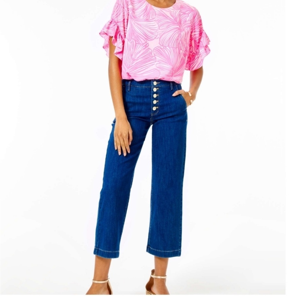 Lilly Pulitzer Aileen Blue High Rise Straight Denim Jeans Button Fly Size 0